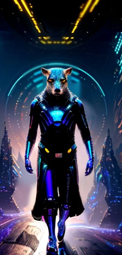 Futuristic cyber wolf in neon-lit cityscape.