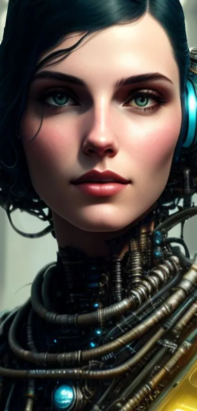 A futuristic cyber woman with mechanical elements and glowing blue details.