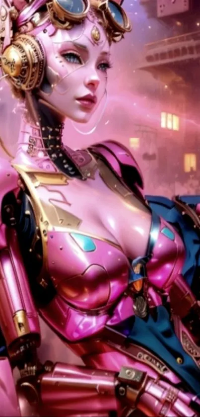 Futuristic cyber woman wallpaper with pink hues.