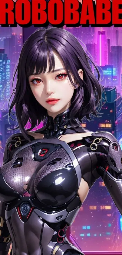 Cybernetic woman in a neon city wallpaper