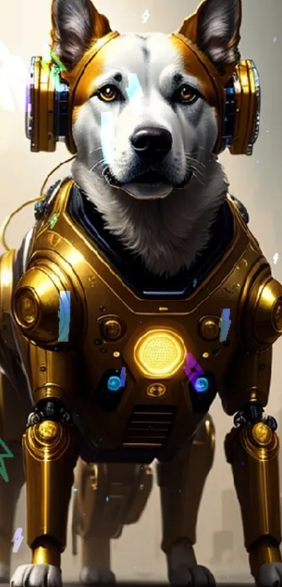 Futuristic robotic dog in golden armor standing in a modern cityscape.