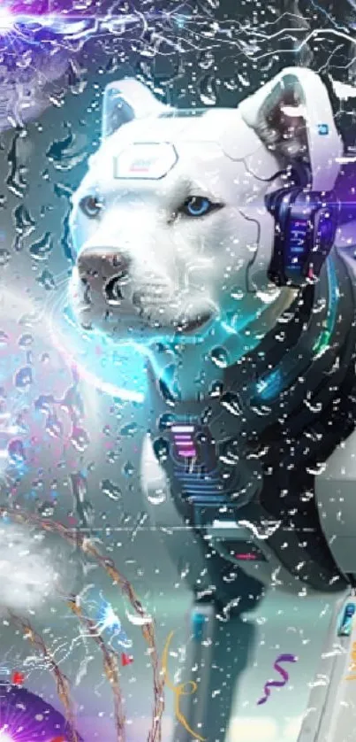 Futuristic cyberdog with neon effects and a digital planet.