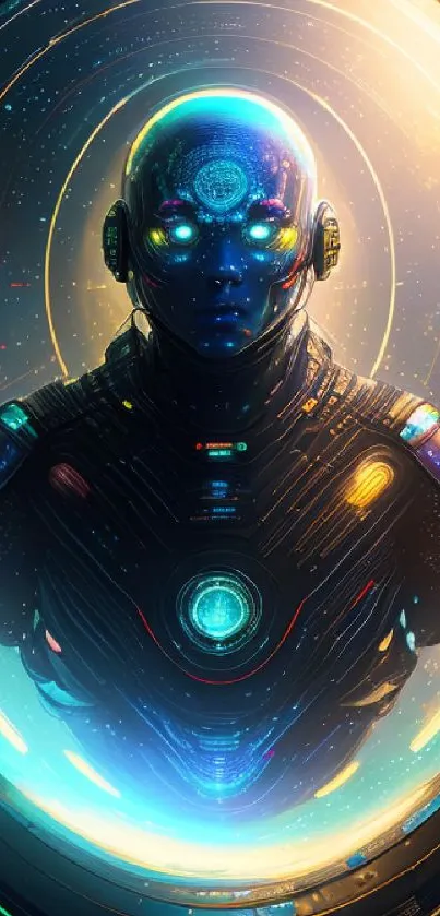 Futuristic cybernetic AI humanoid with glowing colors and intricate designs.