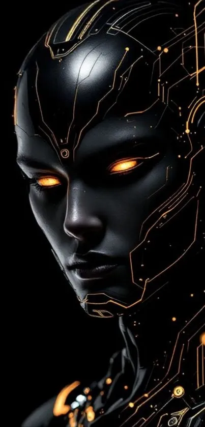 Futuristic android face with glowing eyes and circuit details on a dark background.