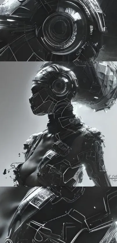 Futuristic cybernetic figure in grayscale art.