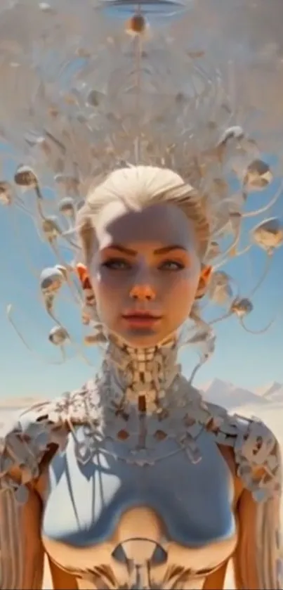 Futuristic artwork featuring a cybernetic figure in a desert landscape.