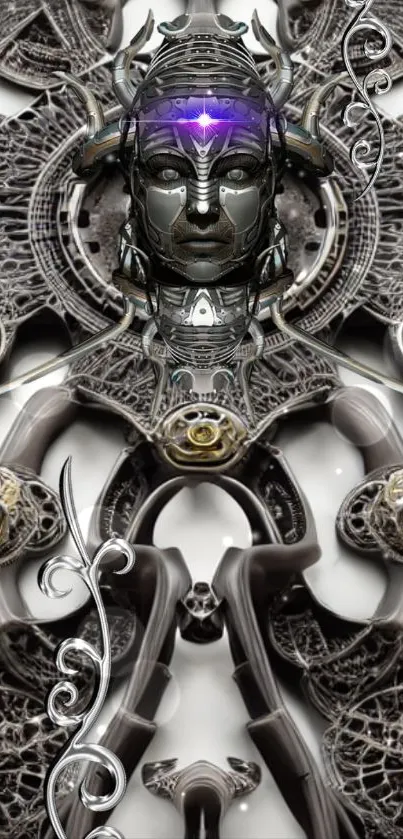 Futuristic cybernetic art with robotic elements in metallic texture.