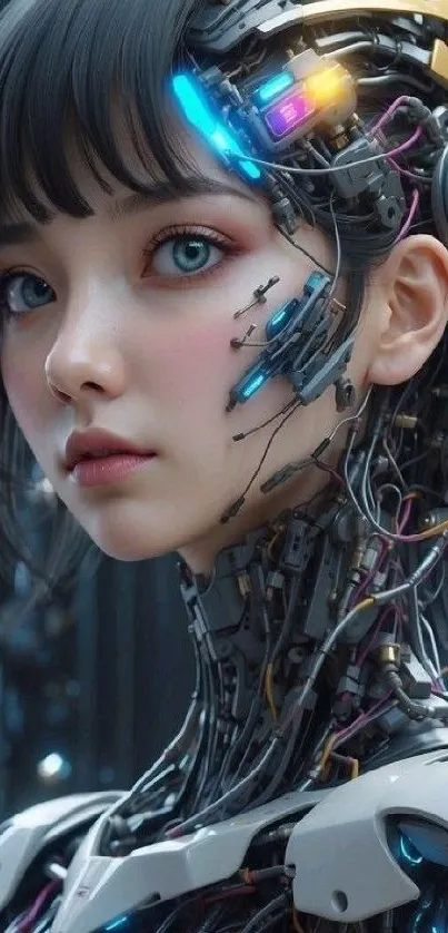 Futuristic cyborg girl with electronic components, vibrant and detailed art.