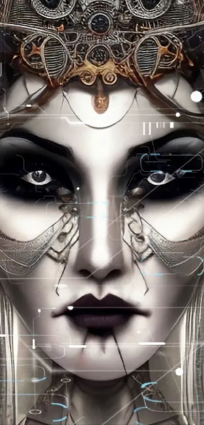 Futuristic cybernetic face with intricate art design in monochrome tones.