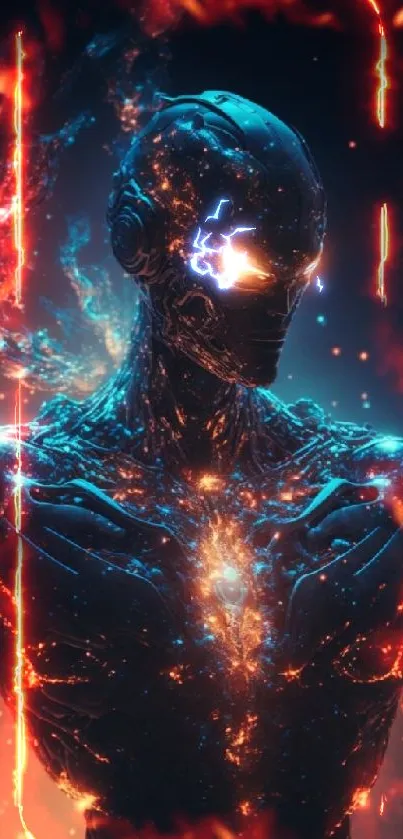 Futuristic cybernetic being glowing with blue and orange lights.