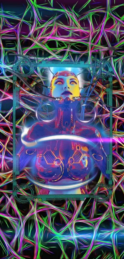 Futuristic android in vibrant neural network art.