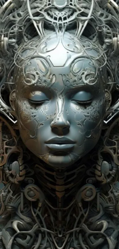 Futuristic cybernetic face artwork with intricate details and digital aesthetics.