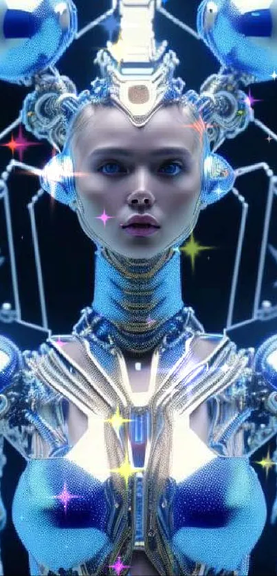 Futuristic cybernetic figure with blue accents.