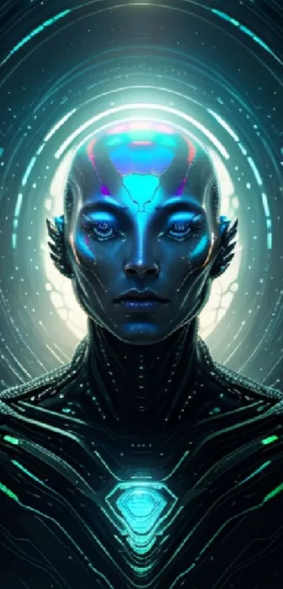 Futuristic humanoid with neon blue glow and intricate digital patterns.