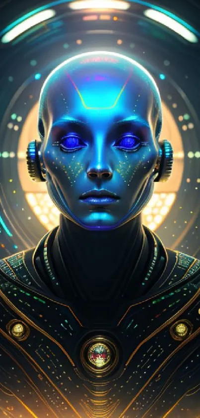 Futuristic humanoid figure with glowing blue tones and cybernetic design.