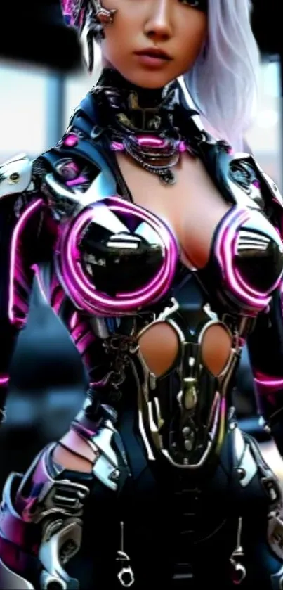 Futuristic cybernetic armor with pink accents on a mobile wallpaper.