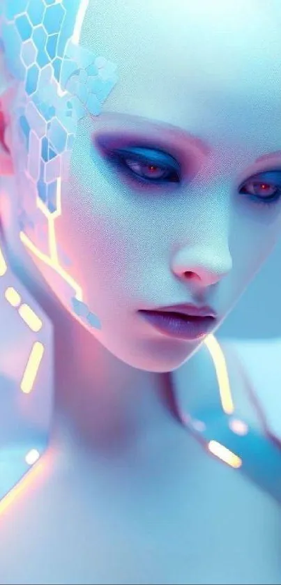 Futuristic neon android close-up wallpaper.
