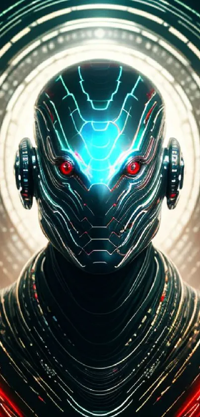 Futuristic robot with glowing red eyes in digital art wallpaper.