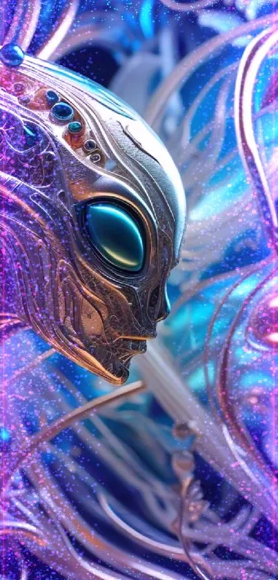 A futuristic alien with metallic intricate design in blue hues.