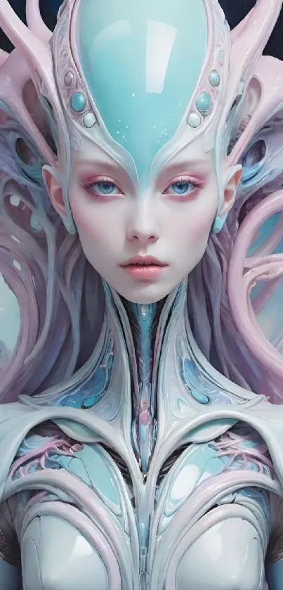 Futuristic alien portrait with intricate pastel designs.