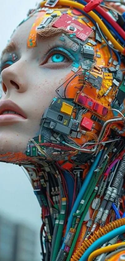Futuristic cyborg face with complex wires and circuitry in vibrant colors.
