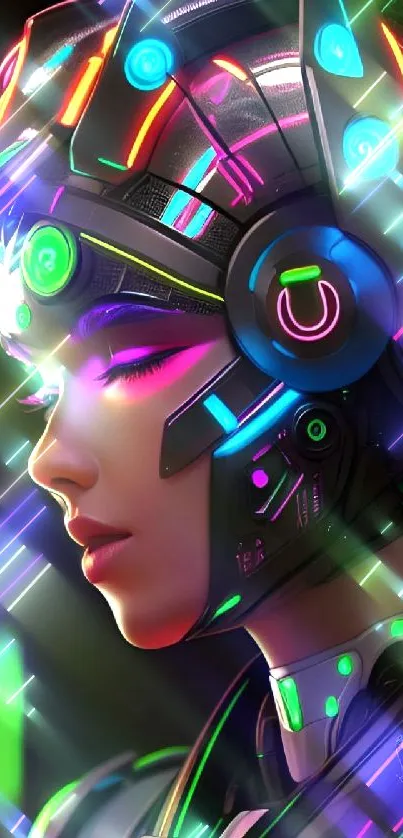 Futuristic digital art with neon lights in cybernetic style.