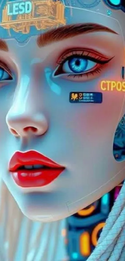 Futuristic cybernetic face with blue eyes and vibrant colors.