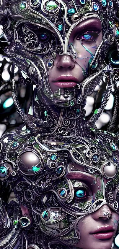 Futuristic cybernetic art wallpaper with intricate metallic details.