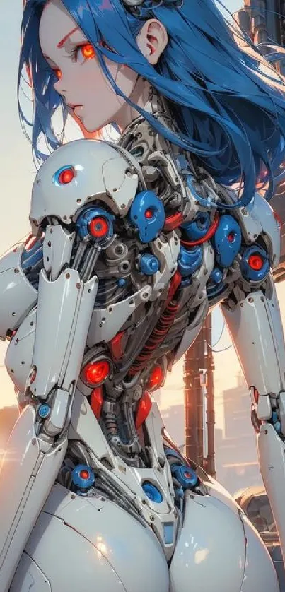 Futuristic cybernetic humanoid robot with blue and red accents.