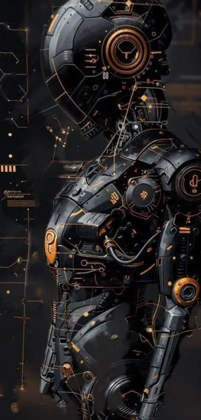 Cybernetic robot artwork in black and orange colors.