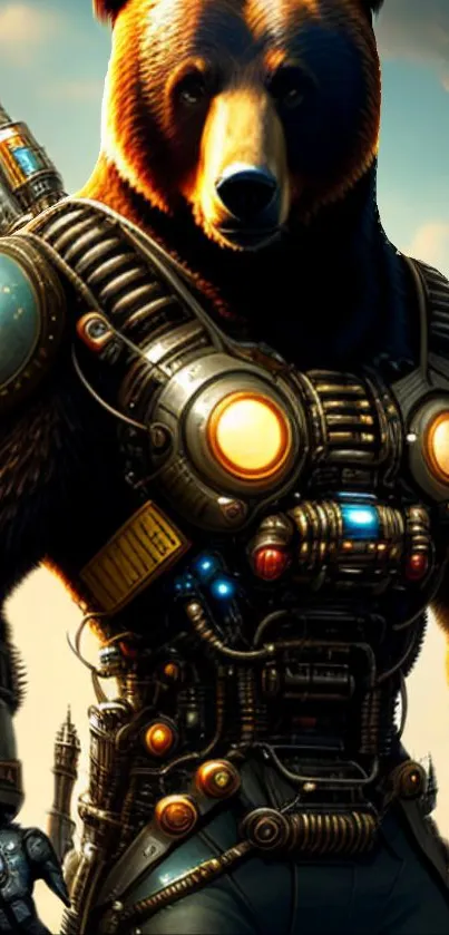 Futuristic cybernetic bear in mechanical armor with a sci-fi background.