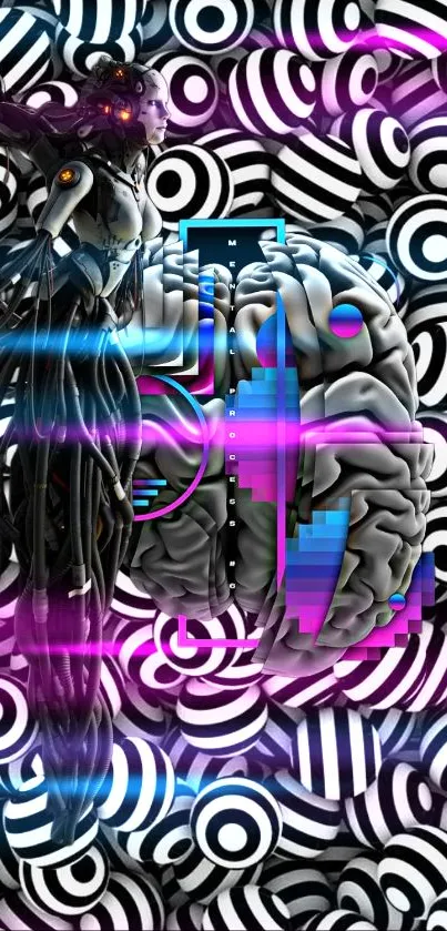 Futuristic cybernetic brain design with geometric patterns in a digital art style.