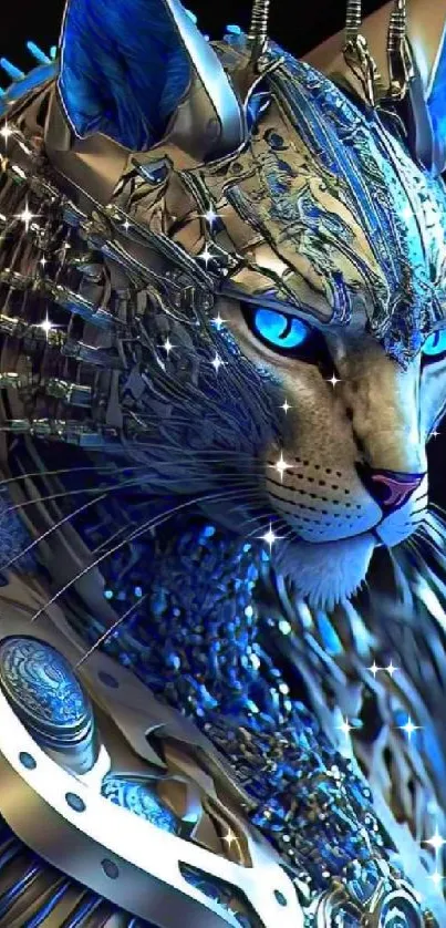 Futuristic cybernetic cat with blue metallic design.