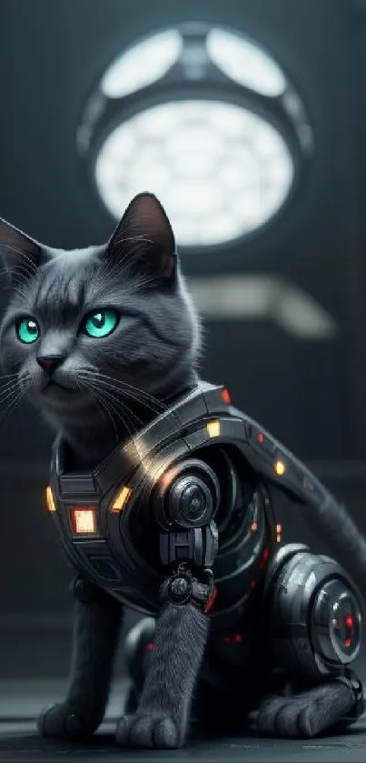 Futuristic cybernetic cat with glowing accents in a sci-fi setting.