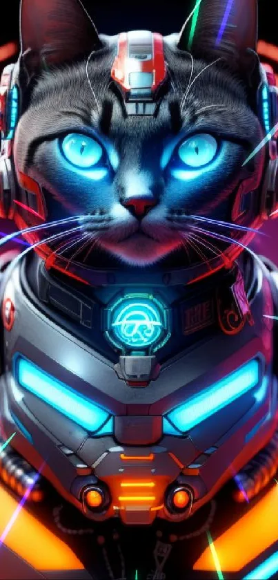 Futuristic cybernetic cat with neon blue eyes and high-tech armor.