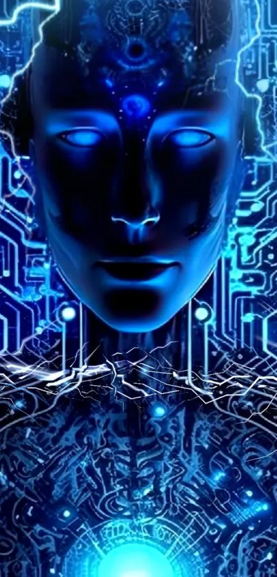 Futuristic cybernetic humanoid in digital blue circuitry.