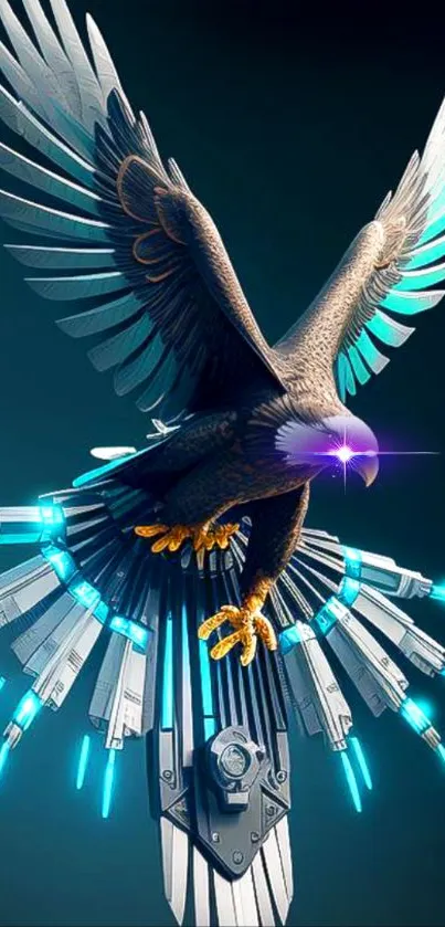 Futuristic cybernetic eagle with blue lights and wings spread wide on a dark background.