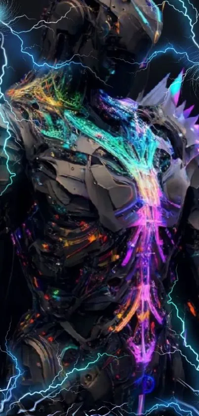 Futuristic cybernetic armor with neon electric highlights for mobile wallpaper.