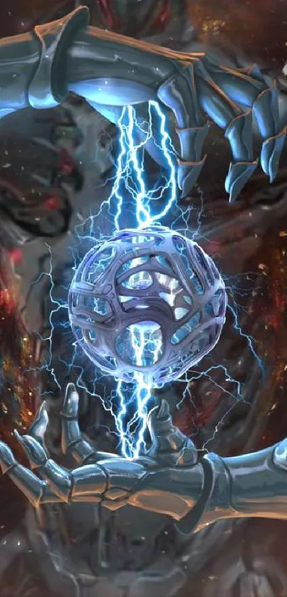 Futuristic cybernetic figure with metallic hands holding an electrifying energy sphere.