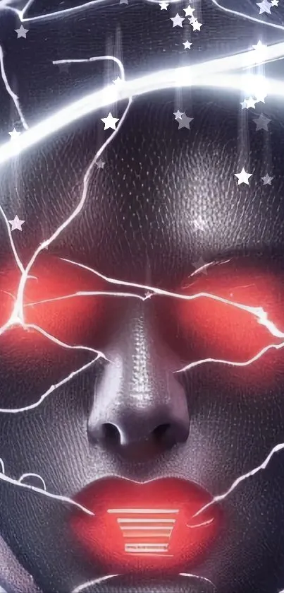 Futuristic cybernetic face with neon glow and red eyes wallpaper.