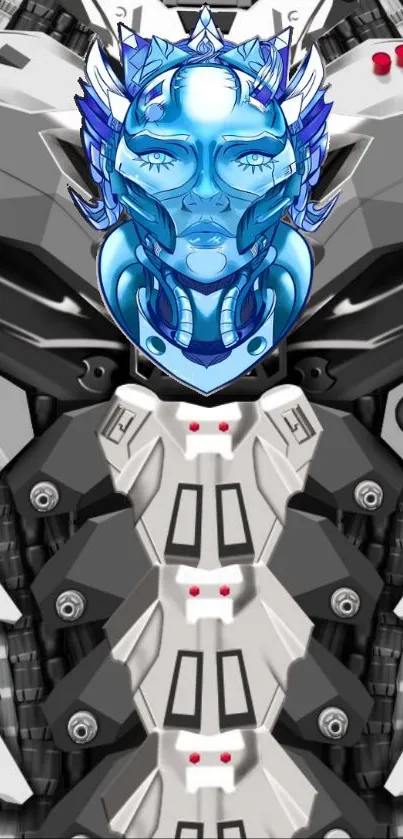 Futuristic cybernetic face with blue accents on a mechanical background.