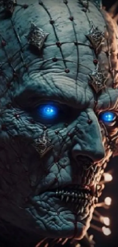 Futuristic cybernetic face with glowing blue eyes.