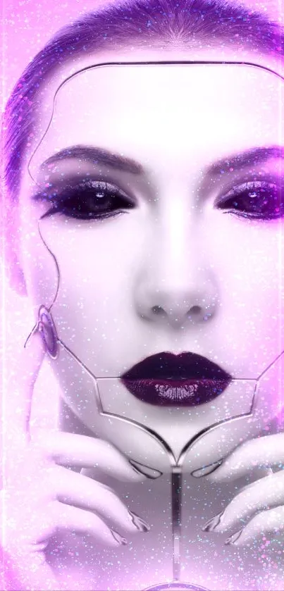 Futuristic cybernetic face wallpaper with purple and white hues.