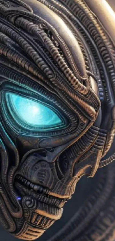 Futuristic cyborg with glowing blue eye design.