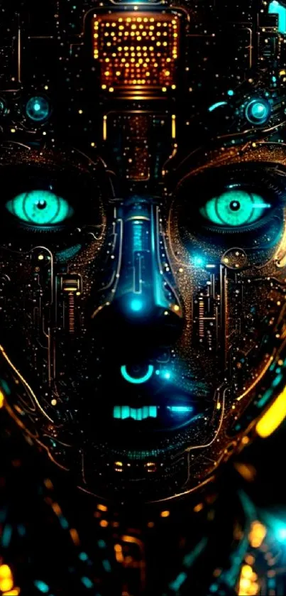 Futuristic cybernetic face with glowing neon details in dark theme.