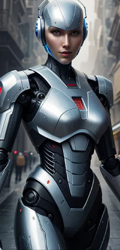 Futuristic female android in a city setting.