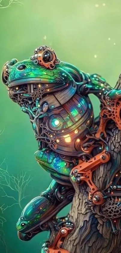 Futuristic cybernetic frog on a tree with green background.