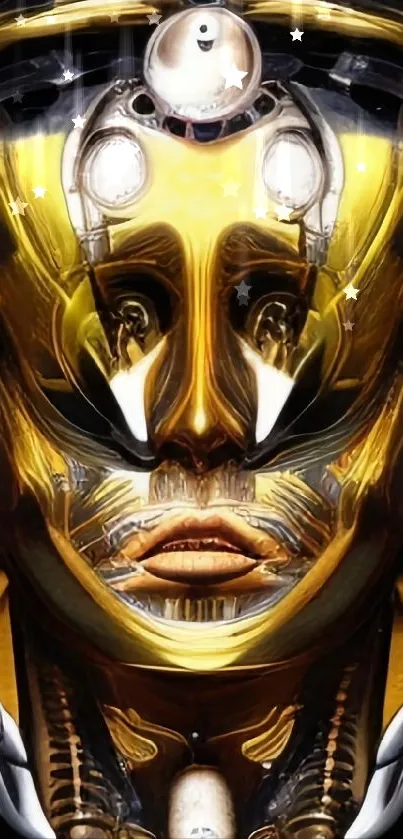 Futuristic cybernetic robotic face with intricate metallic details.