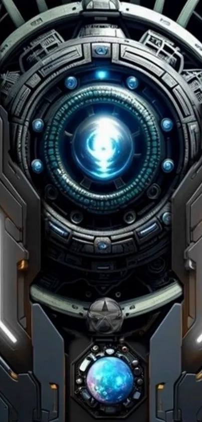 Futuristic cybernetic mechanical gear with blue glow.