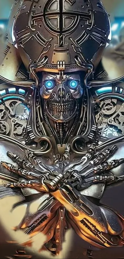 Intricate cybernetic guardian with glowing blue eyes and mechanical details.